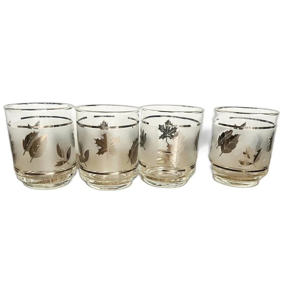 4 Vintage MCM Libbey Rock Sharpe Frosted Silver Leaf Short Old Fashioned- 5 oz